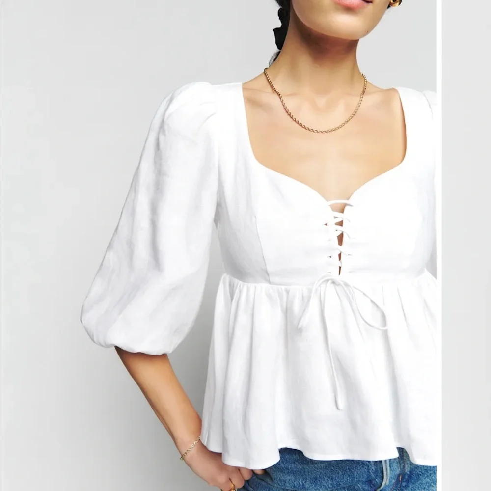 Reformation Abigail Linen White Puff Sleeve Blouse